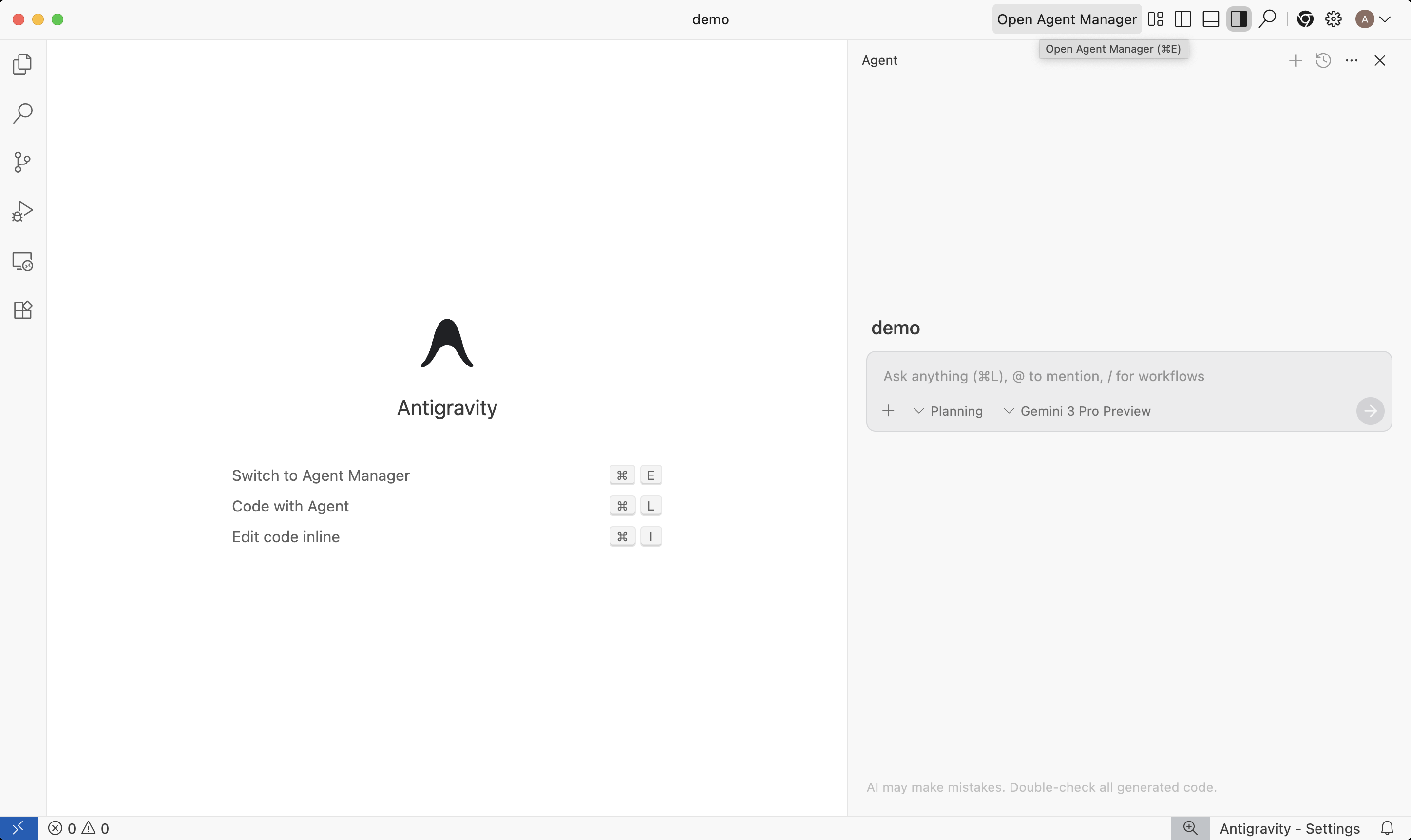 The Antigravity editor with its Agent panel and Manager
