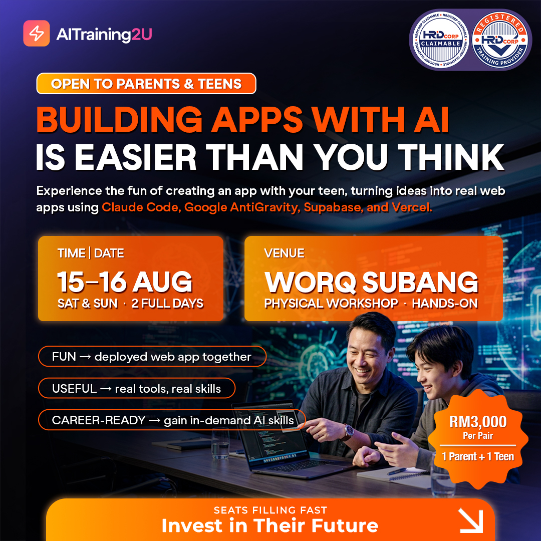 AITraining2U Vibe Coding for Parents & Teens poster, 15-16 Aug, WORQ Subang, RM3,000 per pair