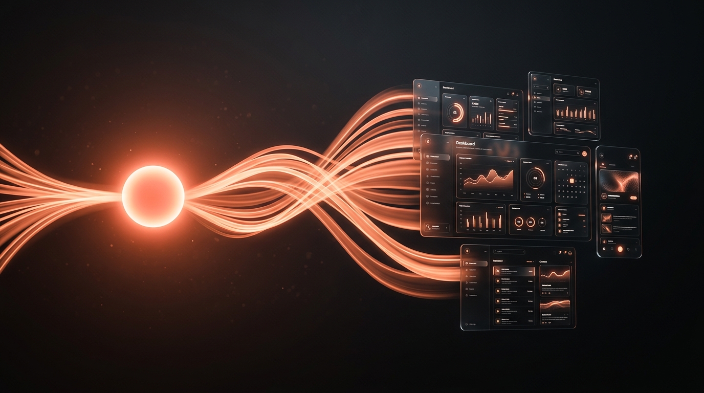 Abstract render of a single glowing idea unfurling into many working app interfaces